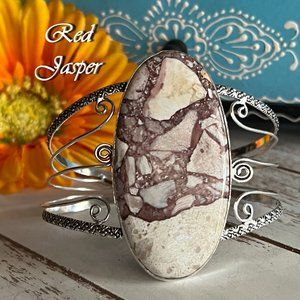 Red Jasper Bracelet Cuff Bangle Handmade Gemstone Large 925 Silver Bohemian New!